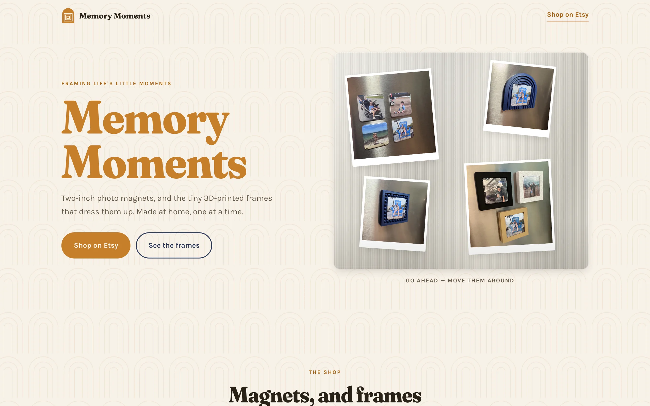 The Memory Moments home page with its fridge-magnet hero